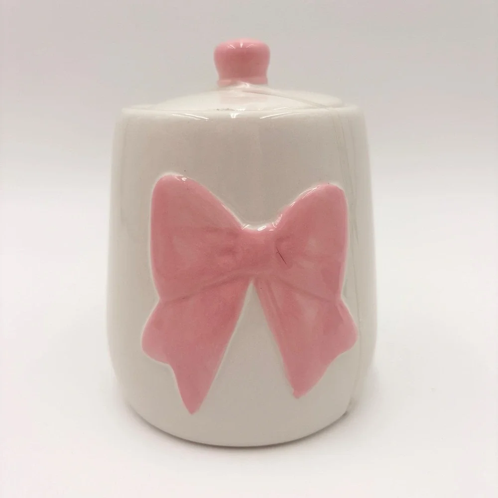 White Ceramic Bow Canister Pink Embossed Ribbon Lid Jar Coquette‎ Decor
